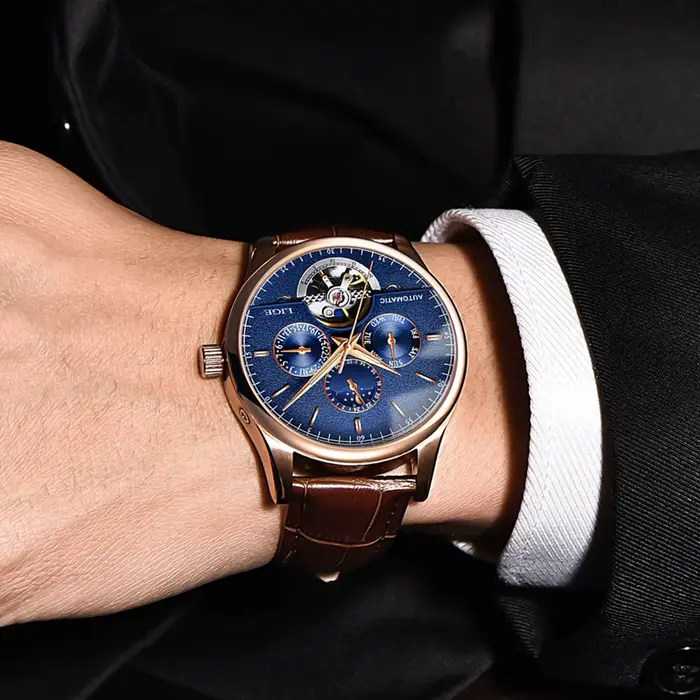 Montre-bracelet mécanique en cuir véritable étanche pour homme