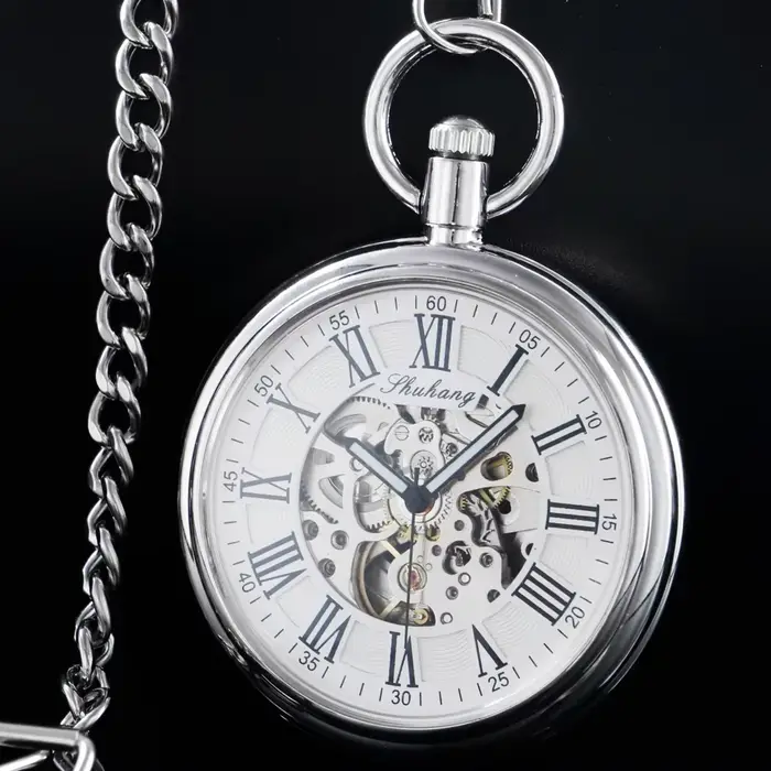 SHUHANG-Montre de Poche Mécanique à Remontage existent pour Homme, Argent, Simple, Visage Ouvert, Pe
