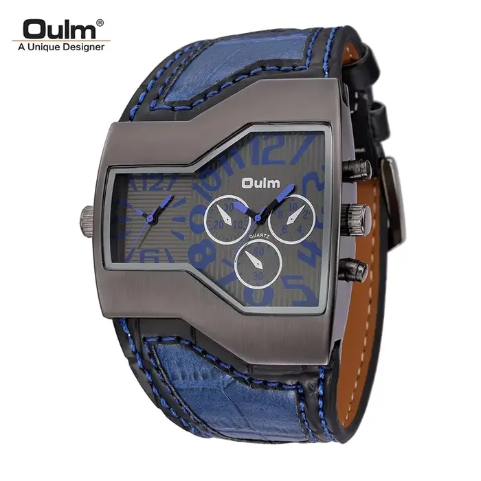 Montre Militaire Oulm à Quartz Design Unique Bracelet en Cuir Pour Homme Occasions Spéciales Chronographe et Boussole Intégrée