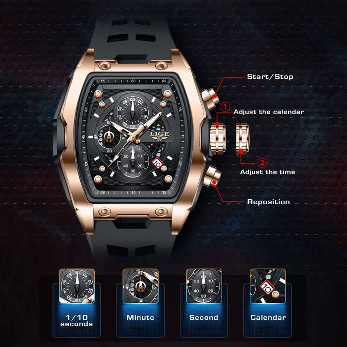 LIGE montre d'affaires pour hommes étanche chronographe lumineux Date mouvement à Quartz bracelet en Silicone montre-bracelet en mâle + emballage en boîte