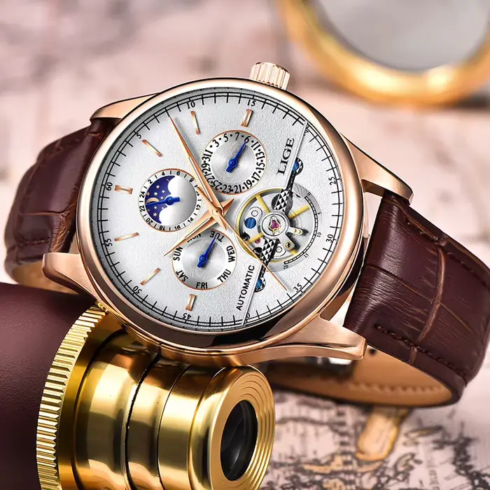 2025 LIGE hommes montres automatique mécanique montre Tourbillon Sport horloge en cuir décontracté affaires rétro montre-bracelet Relojes Hombre