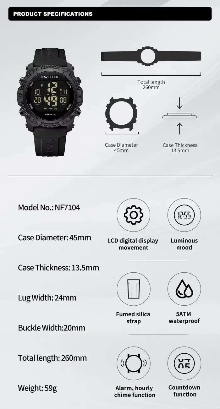 NAVIFORCE NF7104 Montre électronique numérique LCD décontractée avec alarme de date et de semaine po