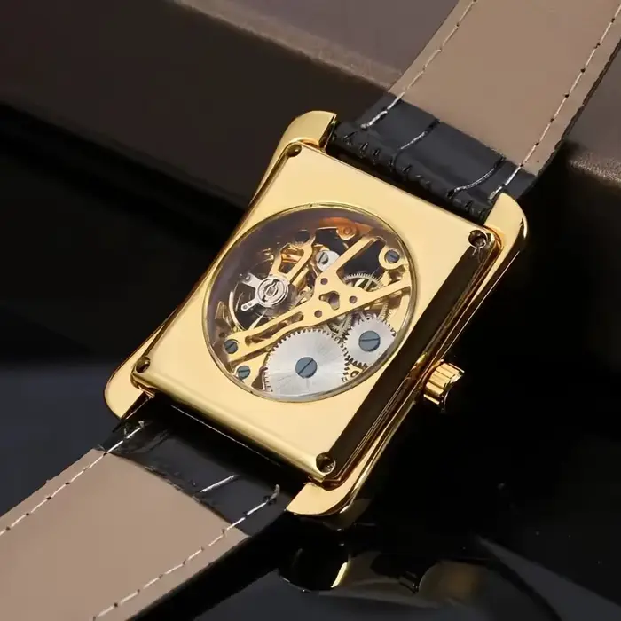 Montre mécanique manuelle de luxe pour homme design rectangulaire ajouré bracelet en cuir haut de gamme et tendance montre élégante et stylée de style urbain occassions formelles et informelles