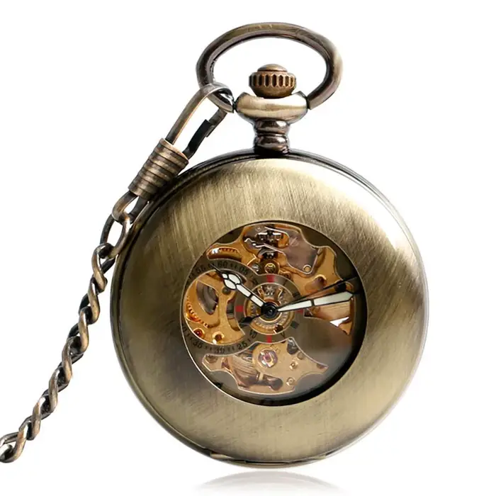 Montre de poche à remontage automatique en cuivre, pendentif en Bronze, squelette rétro lisse, unise