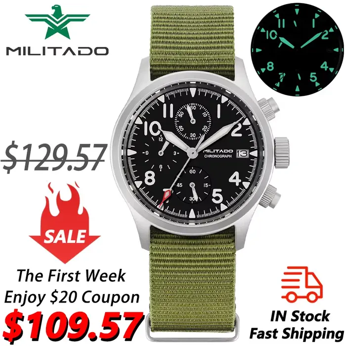 Militado ML1868KF montre à Quartz à 3 cadrans VK67 chronographe mouvement verre saphir lumineux 100m étanche 39mm montres militaires