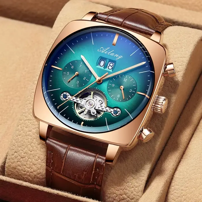 AILANG mode vert grand cadran carré montre mécanique pour hommes bracelet en cuir étanche Tourbillon montres