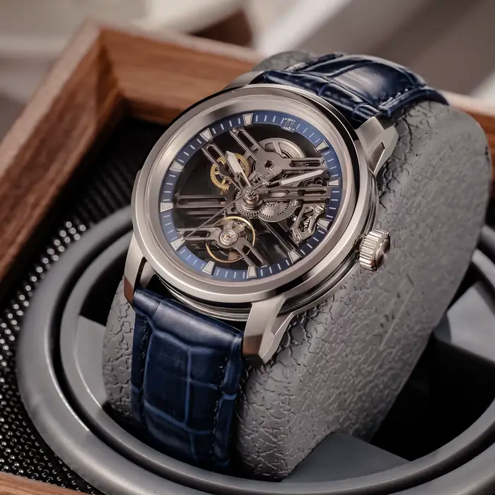 OBLVLO nouveau évider Transparent mécanique automatique hommes montre bleu squelette cadran bracelet en cuir lumineux classique montres KM-S