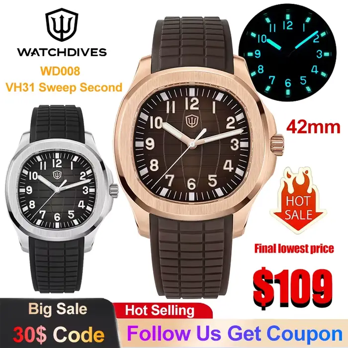 Montre de plongée Watchdives WD008 en acier inoxydable avec bracelet en silicone étanche 100m pour hommes aventuriers et occasions spéciales