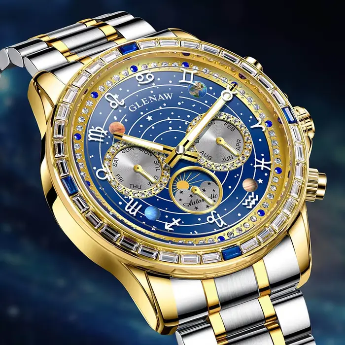 Montre Glenaw automatique homme acier inoxydable multifonctionnelle résistante à l'eau pour occasions spéciales élégantes