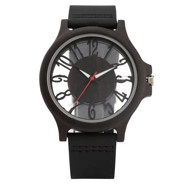 Montre à Quartz avec cadran en bois pour homme, rétro, creux, Transparent, en cuir
