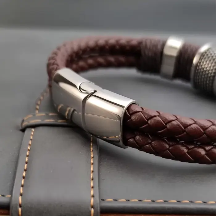Luxe Vintage multicouche marron cuir acier inoxydable hommes Bracelet perle Bracelet bijoux mâle poi