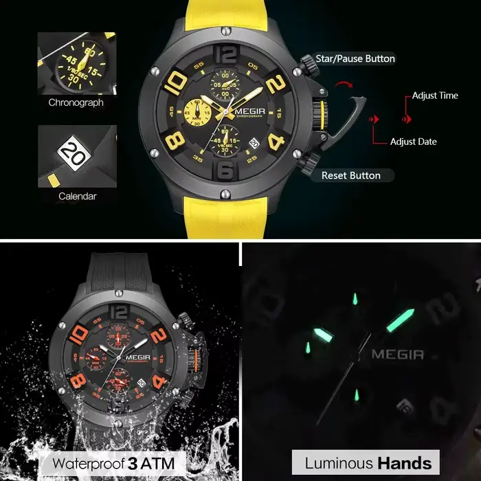 MEGIR grand cadran Sport montre à Quartz pour hommes mode étanche chronographe montre-bracelet avec Date bracelet en Silicone aiguilles lumineuses 8115