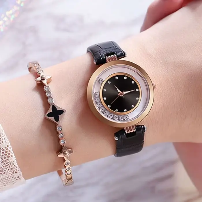 Montre à Quartz Analogique avec Ceinture en Cuir et Diamant pour Femme