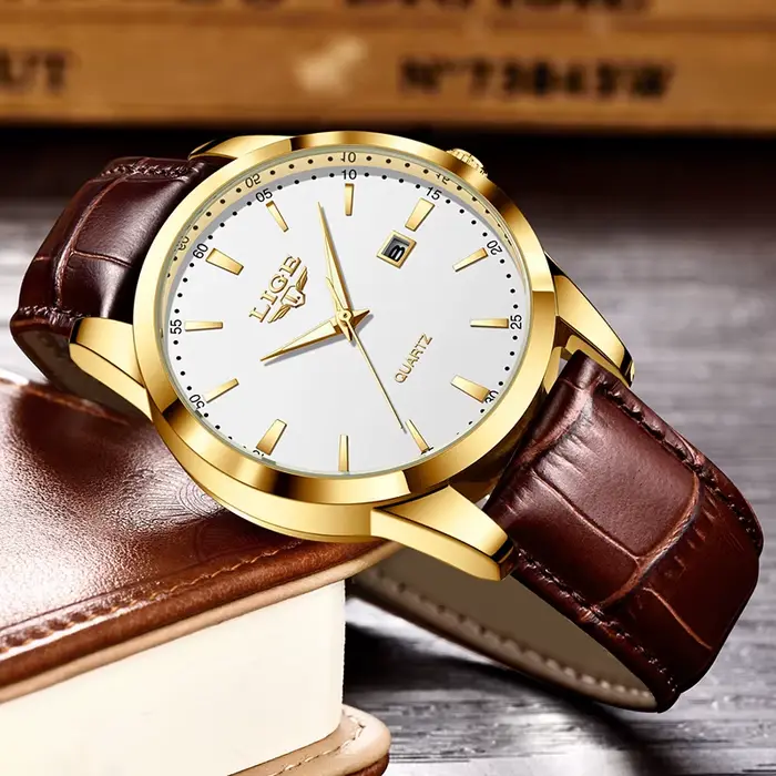 Montre LIGE en cuir marron pour homme style militaire sportive quartz résistante à l'eau avec fonction chronographe et date automatique pour toutes les occasions spéciales