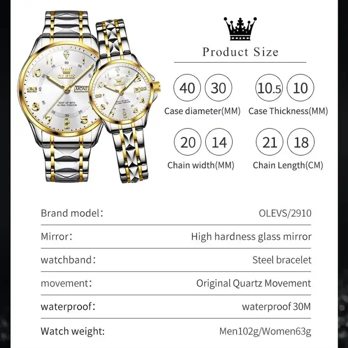 OLEVS 2910 luxe hommes femmes Couple montre double calendrier affichage étanche en acier inoxydable horloge or diamant