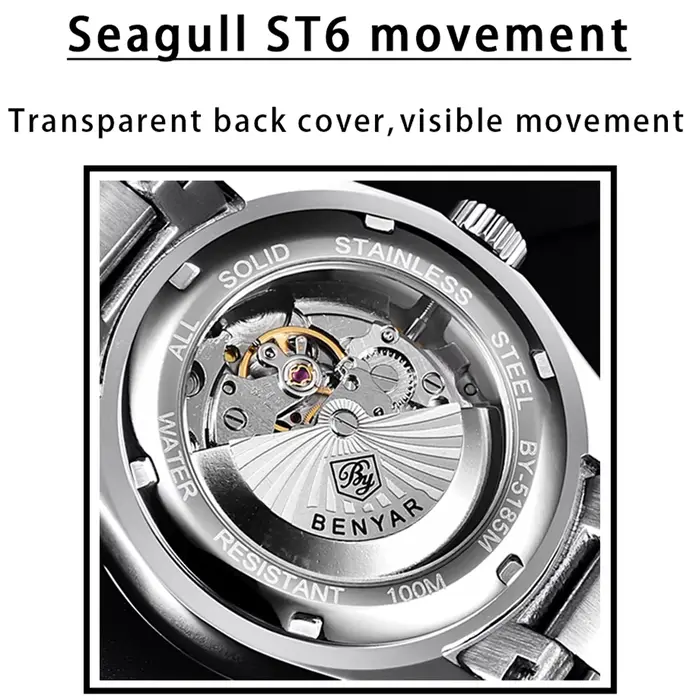 Montre mécanique homme BENYAR acier inoxydable avec mouvement automatique et résistance à l'eau 10 bars pour occasions diverses