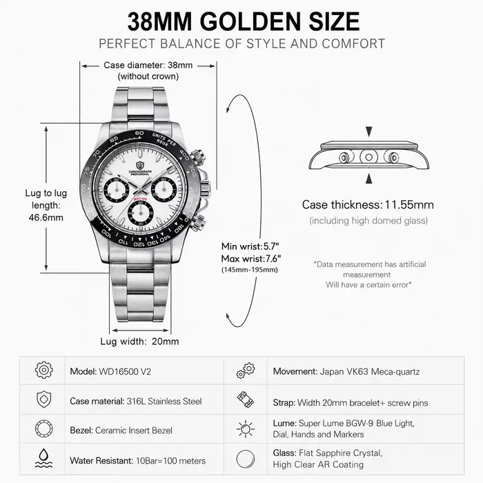 Montre à Quartz Watchdives WD16500 V2 Chronographe Sportive avec Bezel Céramique Luminescente et Résistance à l'Eau pour Homme Occasions Spéciales