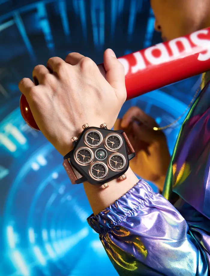 Montre à quartz pour homme à grand cadran personnalisé avec cinq cadrans et plusieurs fuseaux horaires