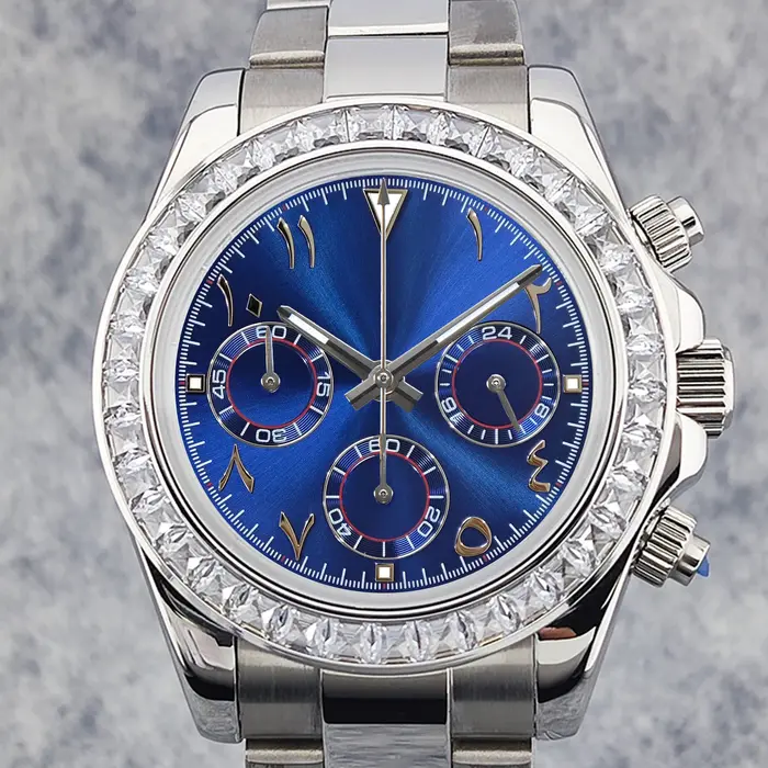 OUMASHI 42mm argent diamant lunette Index arabe montre chronographe pour hommes VK63 mouvement à Quartz lumineux verre saphir étanche
