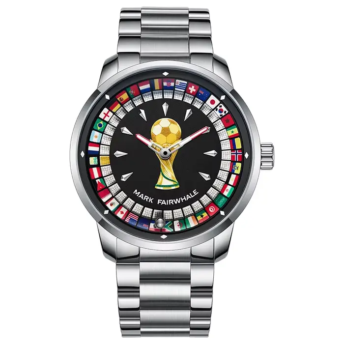 MARK FAIRWHALE 5087 Montre Homme Mode Football, Cadran à Dial Tournant Drapeau, Bracelet Acier Inoxy