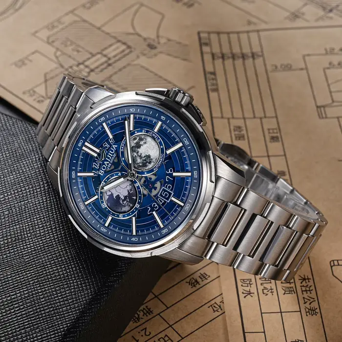 Montre mécanique automatique BORIAGE avec complication Terre-Lune résistante à l'eau pour hommes occasions spéciales cosmique style casual durable