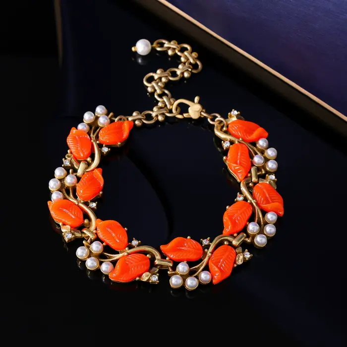 Élégant français Vintage perle conception feuille forme Bracelet boucles d'oreilles collier ensemble de bijoux de haute qualité Style Antique mode Acce...