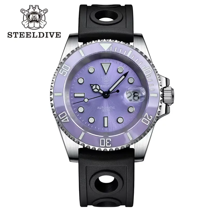 STEELDIVE-Montre de Plongée existent pour Homme Cadran Violet Water mesurost, Lunette en Céramique S