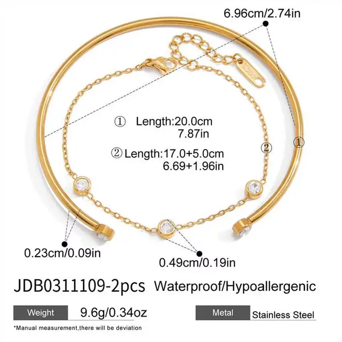 Zora 2 pièces/ensemble Bracelet chaîne en zircon Bracelet ouvert pour femmes Plaqué or 18 carats Bra