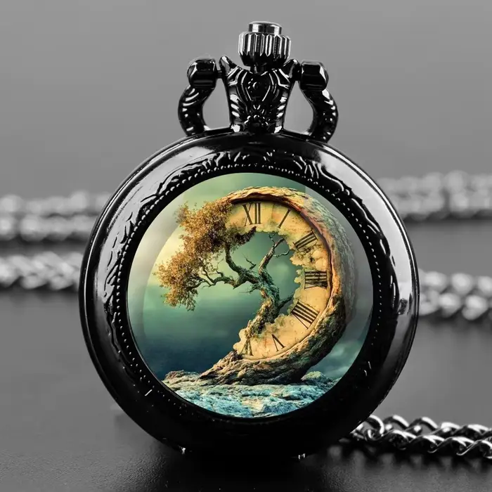 Montre de poche à quartz au design vintage arbre de vie, collier pendentif, cadeau idéal pour hommes