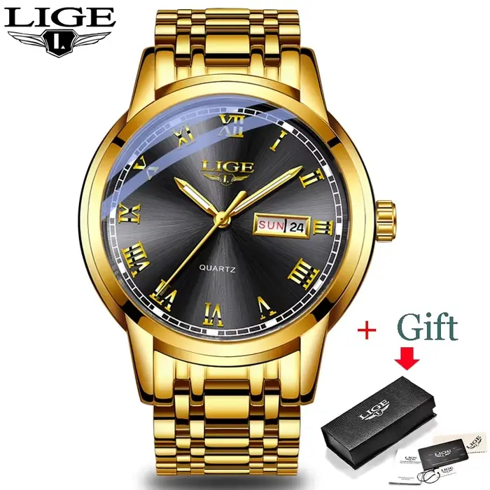 Montre Quartz Dorée LIGE pour Homme Occasions Spéciales Horlogerie Luxe Business Casual
