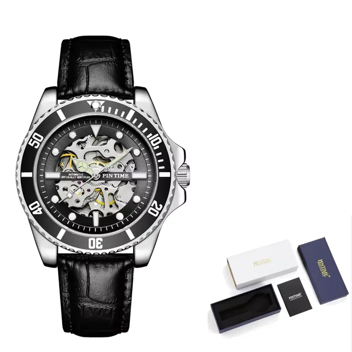 Montre mécanique automatique squelette pour homme, lunette noire de plongée, index lumineux, bracele