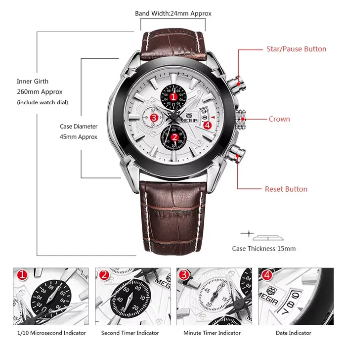 Megir – montre en cuir pour hommes