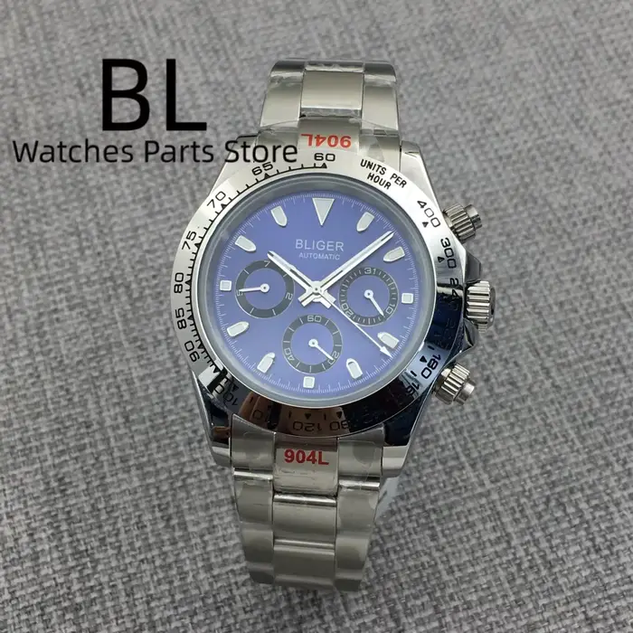 Montre BLIGER 39mm Chronographe Automatique Lumineuse Pour Hommes Étanche Acier Inoxydable Verre Saphir Cadran Noir Blanc Occasions Spéciales