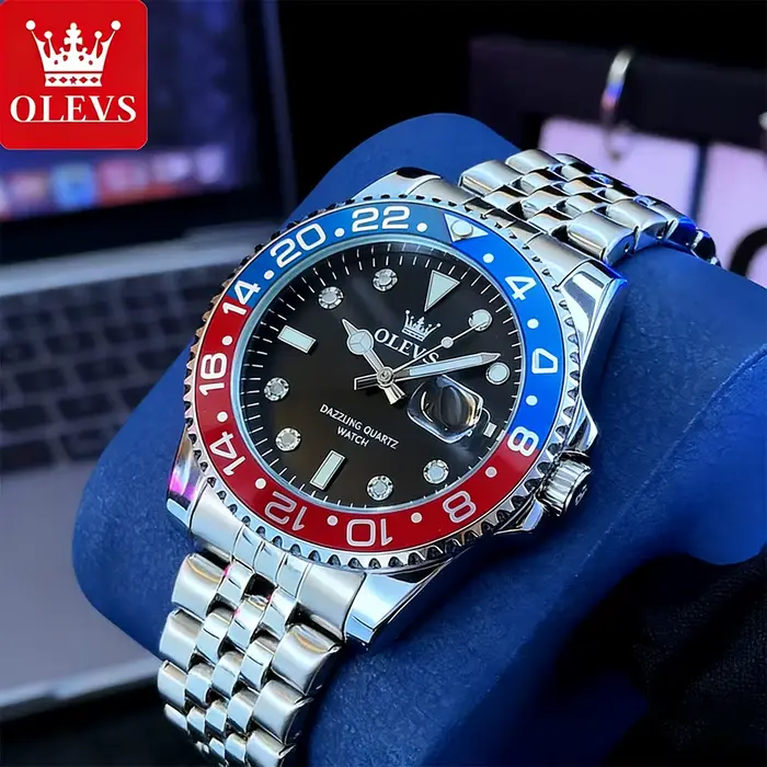 Montre-bracelet OLEVS en acier inoxydable lumineuse pour homme avec grande date et résistance à l'eau pour occasions spéciales et tenues formelles