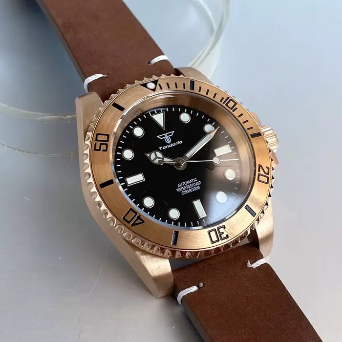 Montre automatique Tandorio Real CUSN8 en bronze avec mouvement NH35/PT5000 pour homme, résistance à l'eau 20 ATM, bracelet en cuir, occassions quotidiennes et formelles