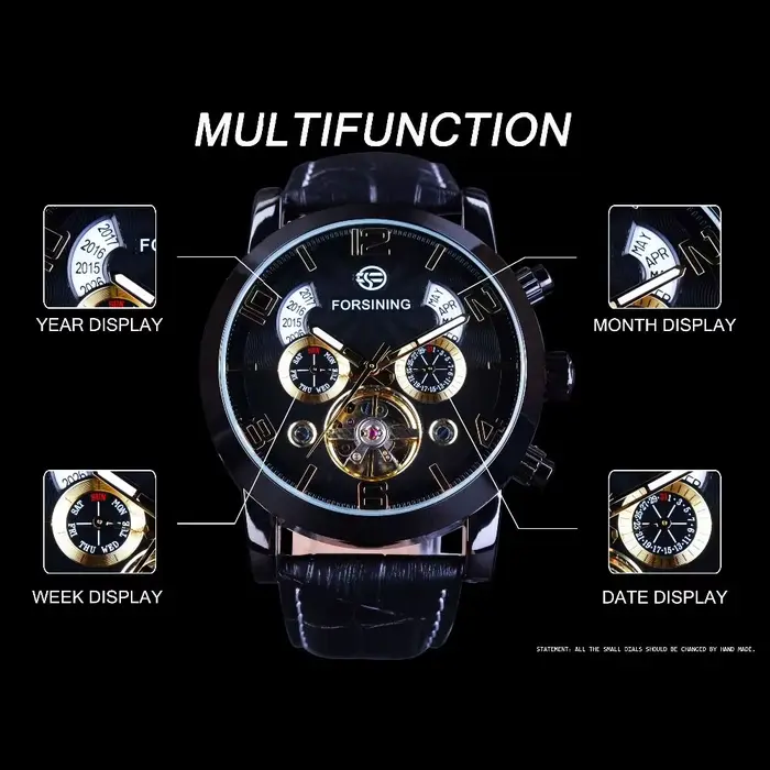 Montre mécanique FORSINING avec tourbillon multifonction pour homme, cuir élégant, boîtier en acier inoxydable, mode et décontracté, occasions spéciales