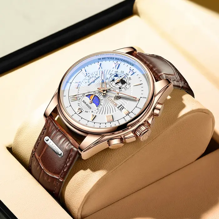 LIGE – montre-bracelet en cuir bleu pour hommes
