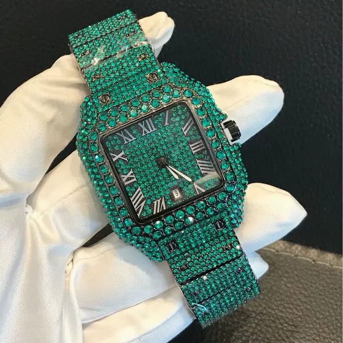 Montre glacée pour hommes plein diamant Reloj Mujer homme montre-bracelet à Quartz mâle nouveau noir or bleu vert dames carré Hip Hop horloge