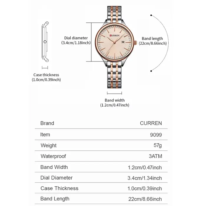 Montre Curren Simple Quartz Femme Bracelet Acier Inoxydable Occasions Spéciales Résistance Eau 3 Bars