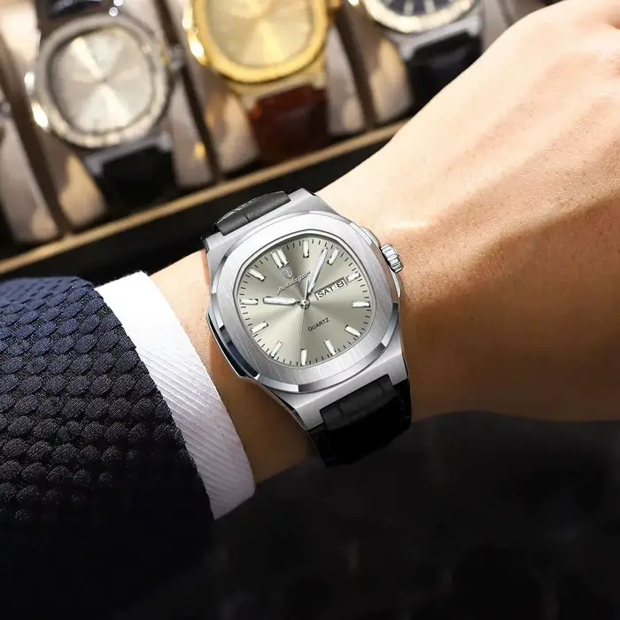 POEDAGAR montre de haute qualité pour hommes de luxe lumineux étanche semaine calendrier homme horloge en cuir carré