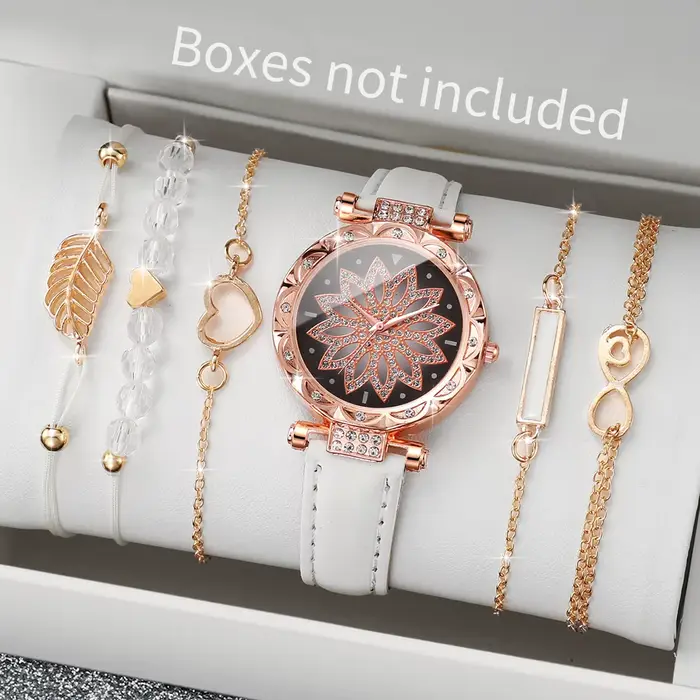 6 pièces/ensemble mode coeur cadran montre pour femme bracelet en cuir décontracté analogique Quartz