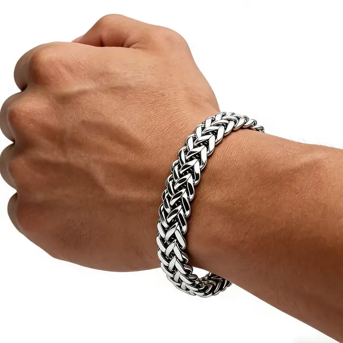 Bracelet en acier inoxydable tressé double rangée motif écailles de poisson plaqué rhodium imitation pour hommes et femmes styles hiphop rock à offrir occasions spéciales