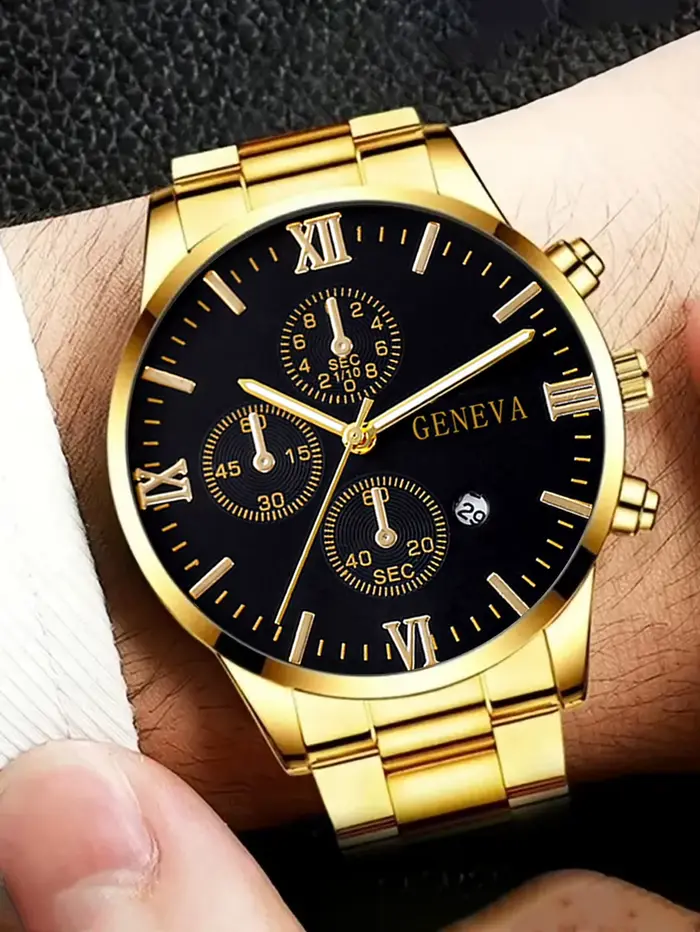 Ensemble de 4 montres à quartz pour hommes en alliage d'or avec calendrier romain et collier croix