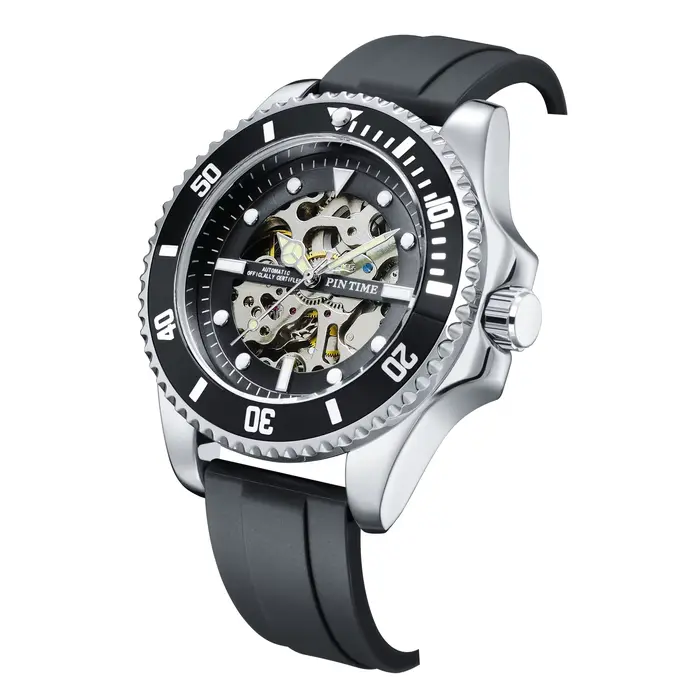 Montre squelette de luxe pour homme, automatique, mécanique, style plongeur, bracelet en silicone no