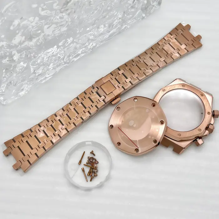 Boîtier de montre chronographe en acier inoxydable doré rose modifié 41 mm avec bracelet pour mouvement à quartz Oak