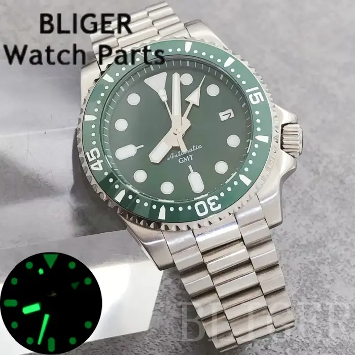 BLIGER 40mm GMT montre pour hommes NH34 mouvement automatique 3.8 couronne cadran vert insérer 10Bar étanche nouveau