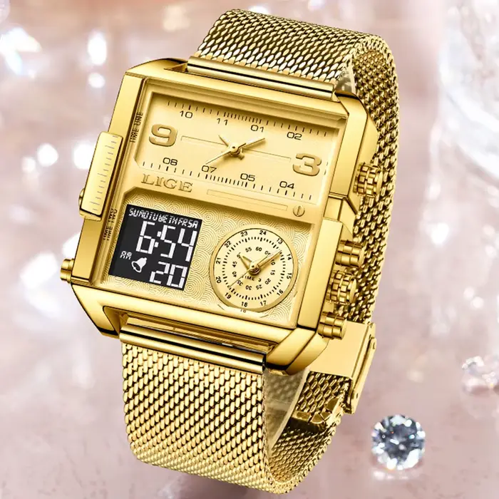 Nouvelle montre LIGE en or pour femmes, montre carrée mode double affichage, résistante à l'eau, pour occasions spéciales et quotidiennes