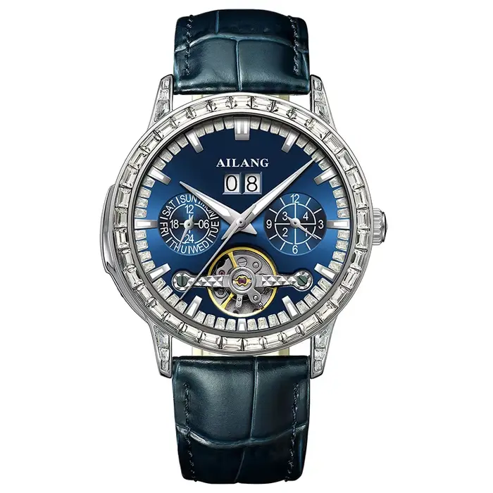 Montre mécanique AILANG 8176 pour homme, bracelet en cuir, calendrier, phase de lune, fonction lumin