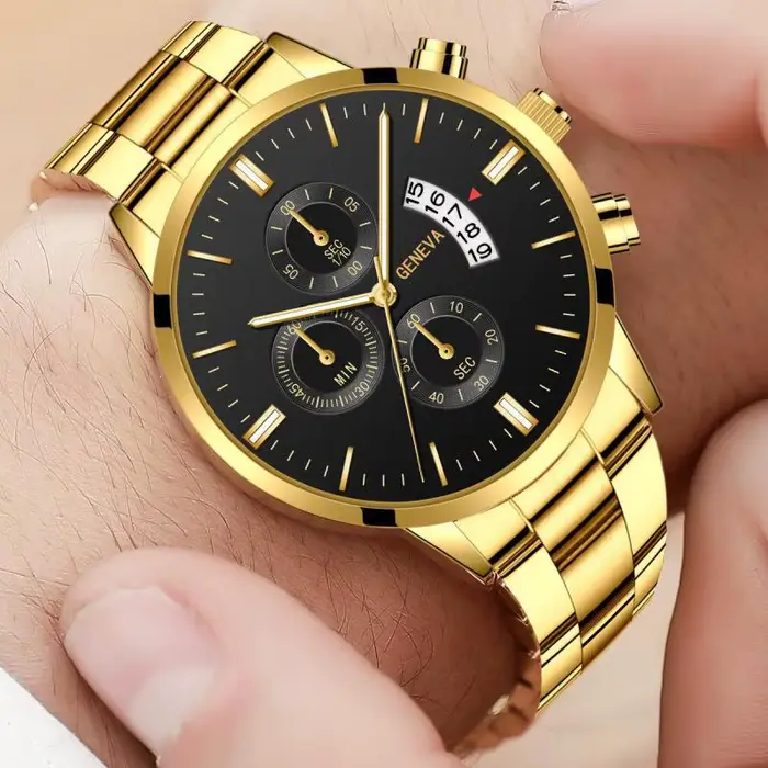 Mode Relogio Masculino couleur dorée montres hommes mâle horloge avec calendrier entièrement en acier Quartz montre-bracelet exquis Relojes Saati