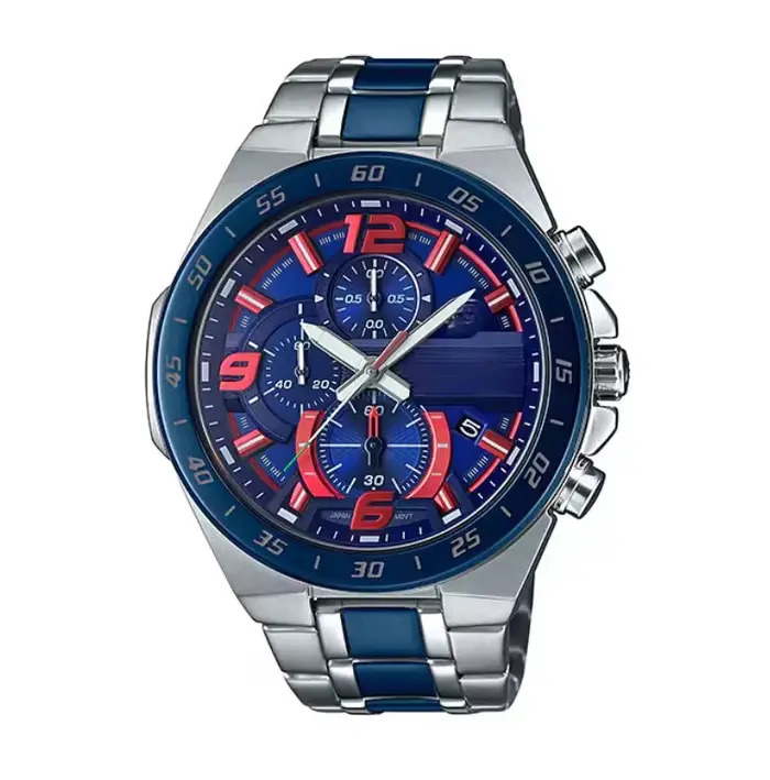 Montre sport rétro pour homme, cadran bleu et rouge, chronographe, quartz, bracelet en acier, étanch